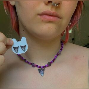 Sanrio Kuromi beaded necklace + matching stud earrings
